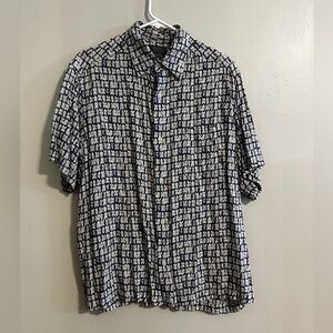 Crazy Horse Men's Button up Shirt Blue white Geometric print Rayon Size L GUC